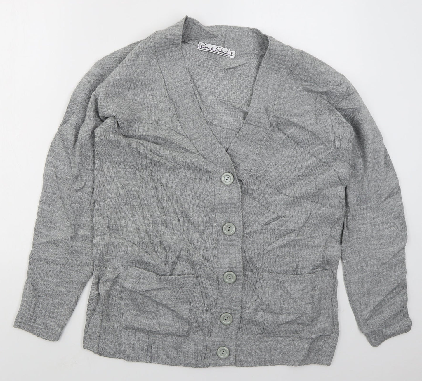 Pure & Natural Womens Grey V-Neck  Acrylic Cardigan Jumper Size S