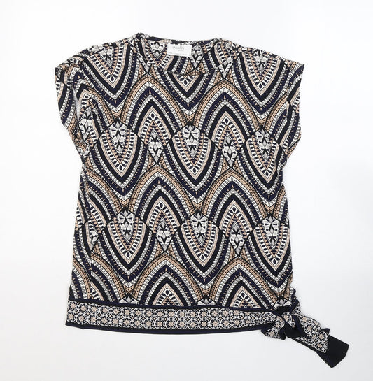 Wallis Womens Beige Geometric Cotton Basic Blouse Size S Round Neck - tie detail