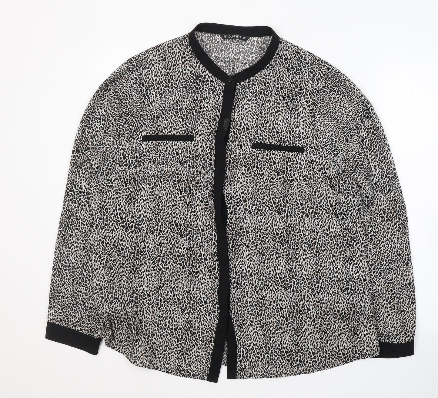 Dunnes Stores Womens Black Animal Print Polyester Basic Button-Up Size 16 Collared