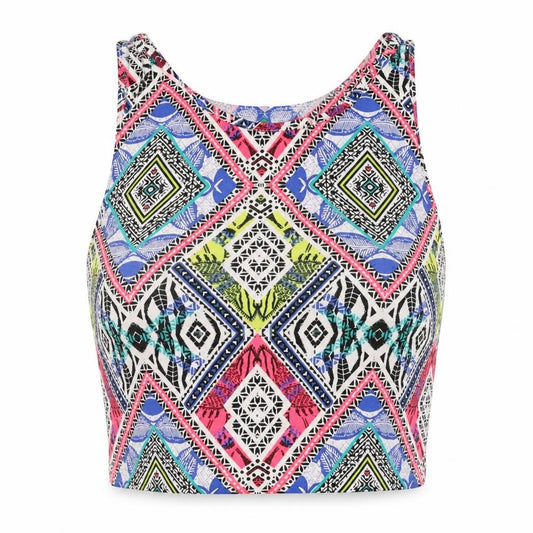 New Look Womens Multicoloured Geometric Cotton Cropped Tank Size 10 Round Neck