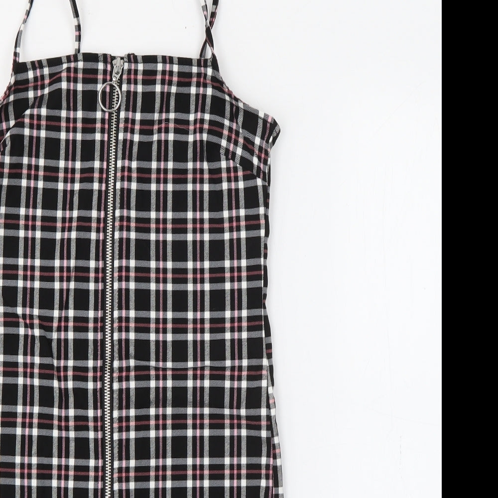 New Look Girls Black Plaid Viscose Shift  Size 9 Years  Square Neck Zip