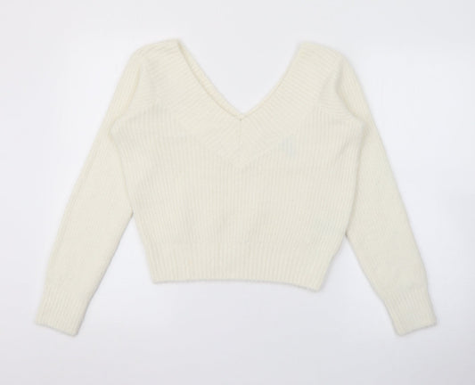 H&M Womens White V-Neck  Polyamide Pullover Jumper Size M