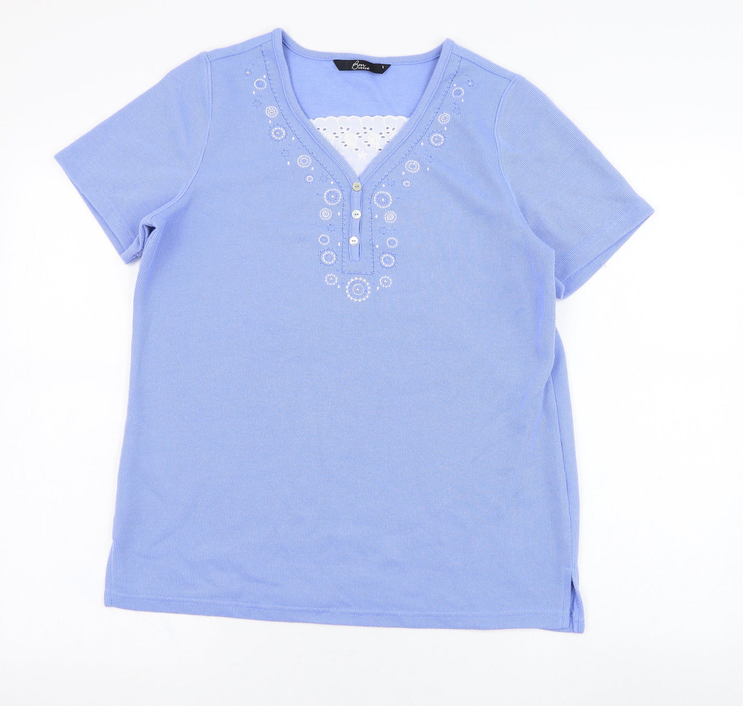 BM Womens Blue  Polyester Basic T-Shirt Size S V-Neck