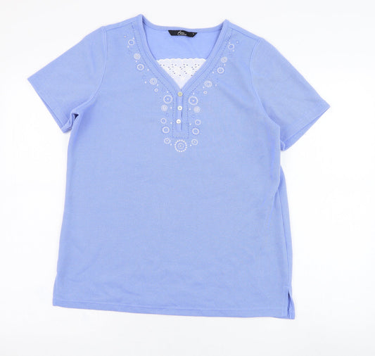 BM Womens Blue  Polyester Basic T-Shirt Size S V-Neck
