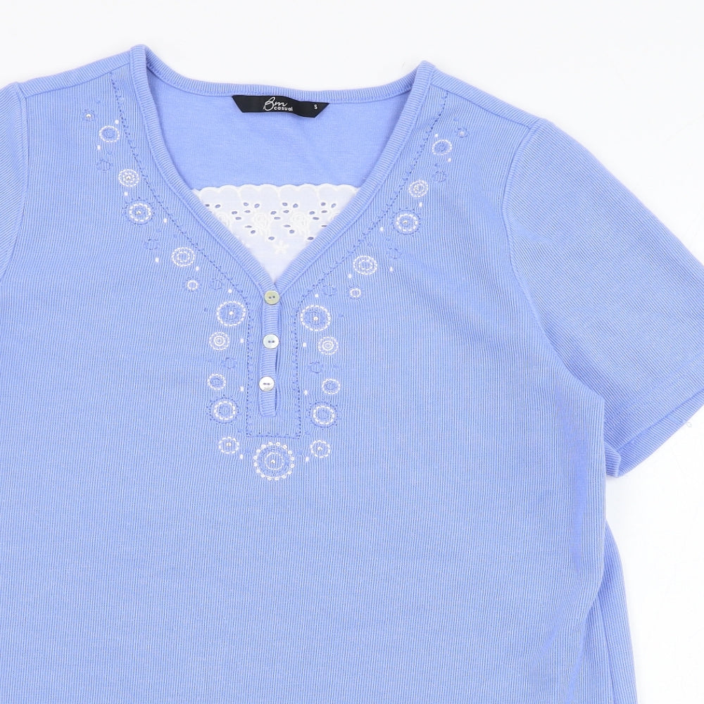 BM Womens Blue  Polyester Basic T-Shirt Size S V-Neck