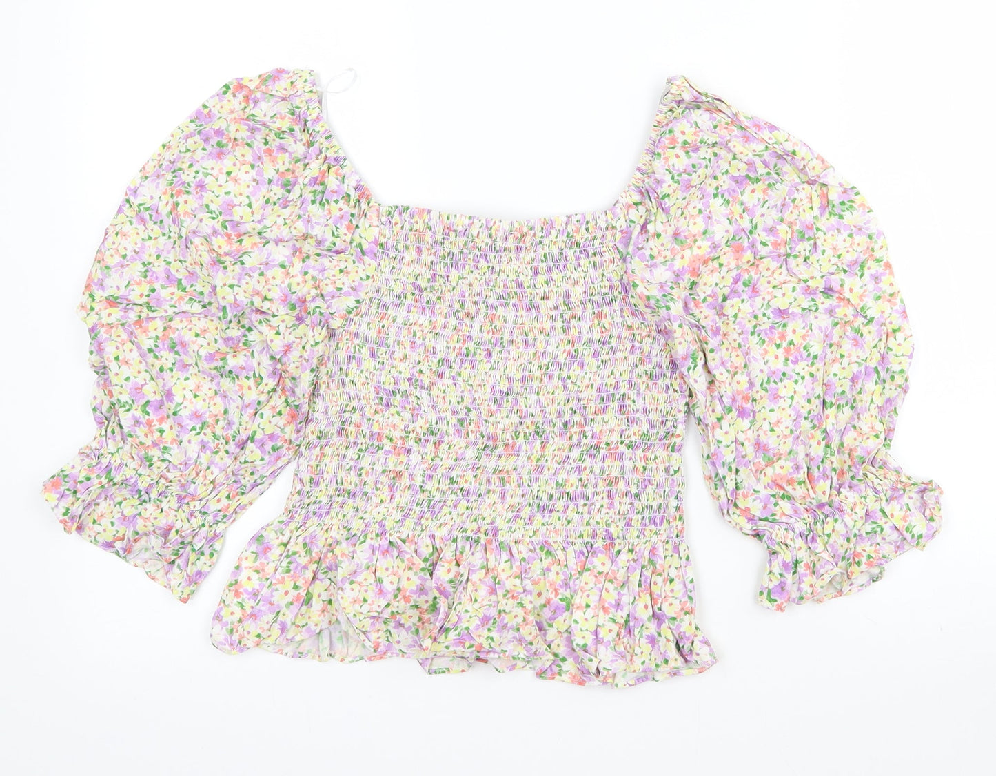 New Look Womens Multicoloured Floral Viscose Cropped T-Shirt Size 12 Square Neck