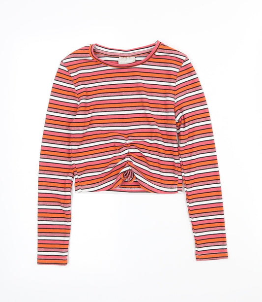 Matalan Girls Pink Striped Polyester Cropped T-Shirt Size 9 Years Crew Neck