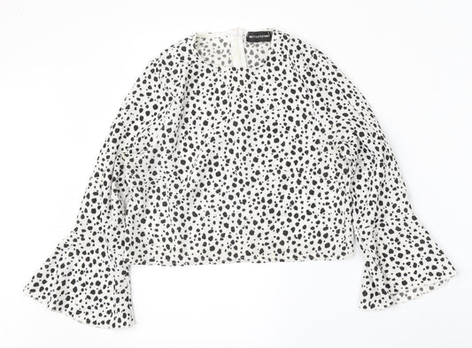 PRETTYLITTLETHING Womens White Animal Print Polyester Basic Blouse Size 6 Round Neck
