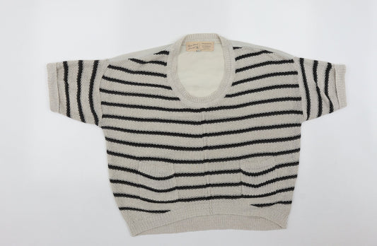 River Island Womens Beige Scoop Neck Striped Acrylic Pullover Jumper Size 10