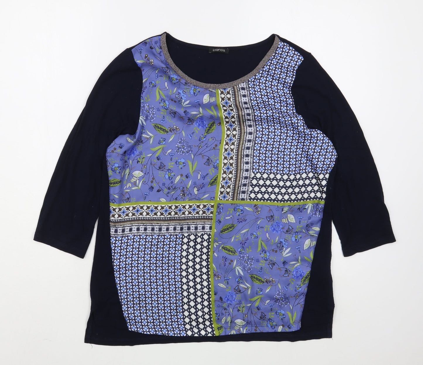 Bianca Womens Blue Floral Polyester Basic Blouse Size 12 Boat Neck