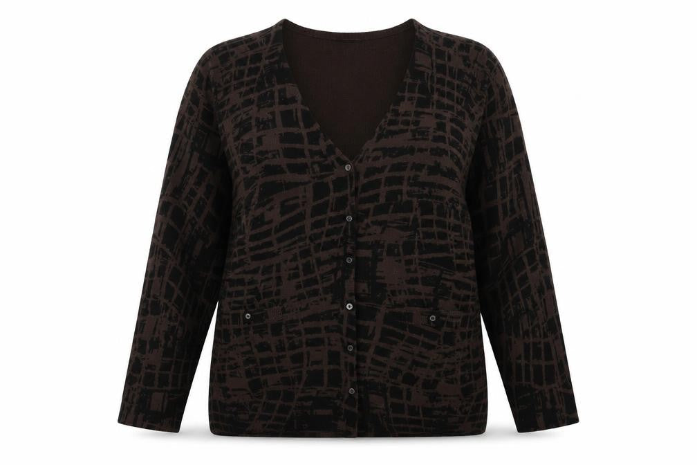 La Mode Womens Brown V-Neck Geometric Acrylic Cardigan Jumper Size XL