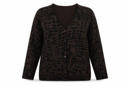 La Mode Womens Brown V-Neck Geometric Acrylic Cardigan Jumper Size XL