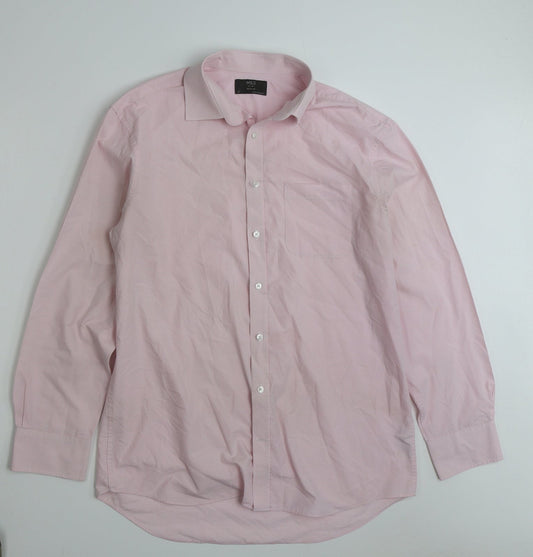 Marks and Spencer Mens Pink Check Polyester  Button-Up Size 16 Collared Button