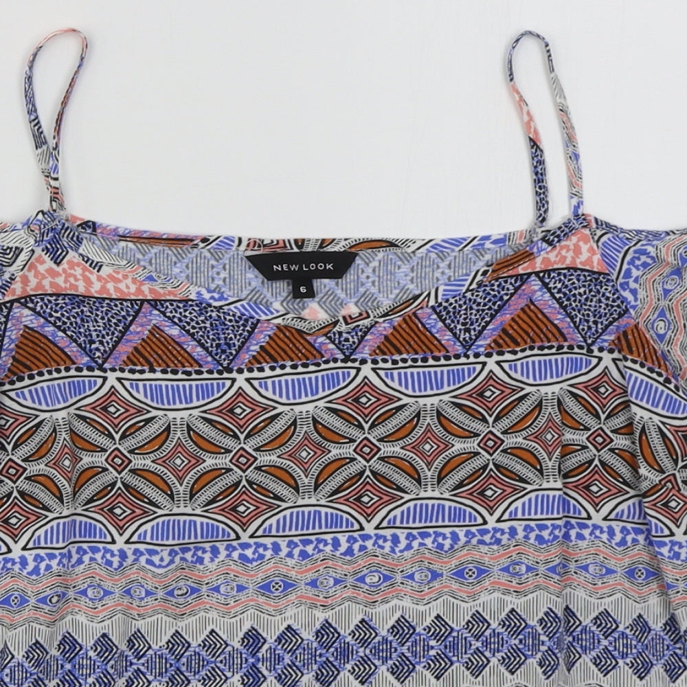 New Look Womens Blue Geometric Viscose Basic Blouse Size 6 V-Neck
