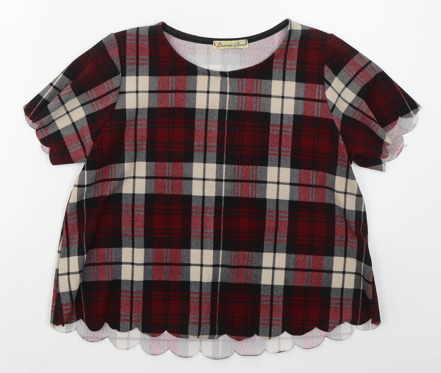 Cameo Rose Womens Red Check Polyester Basic T-Shirt Size 8 Round Neck