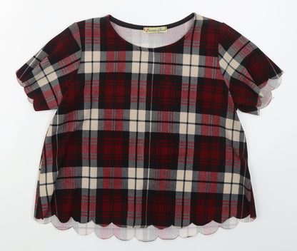Cameo Rose Womens Red Check Polyester Basic T-Shirt Size 8 Round Neck