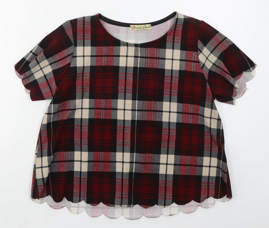 Cameo Rose Womens Red Check Polyester Basic T-Shirt Size 8 Round Neck