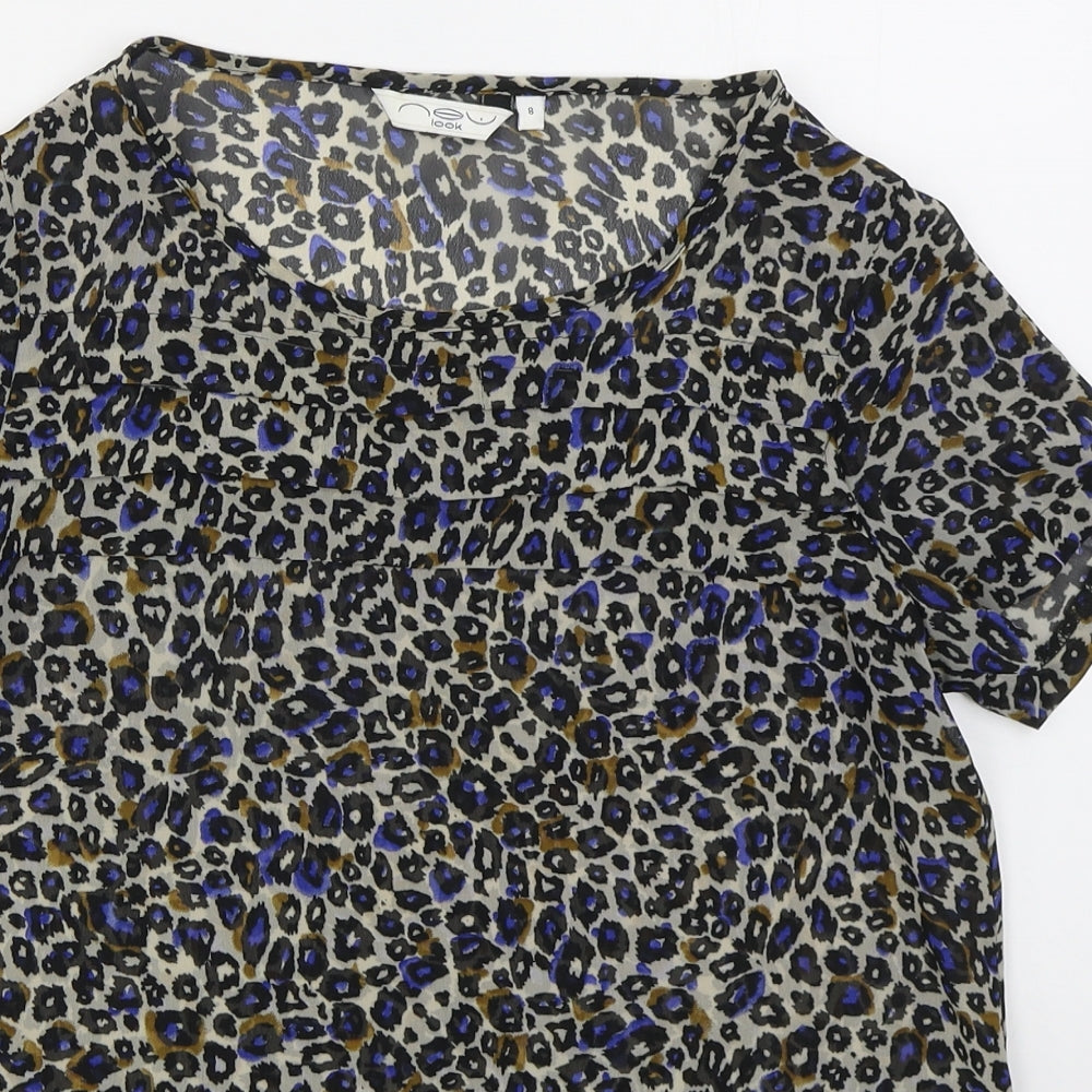 New Look Womens Beige Camouflage Polyester Basic Blouse Size 8 Round Neck - Blue