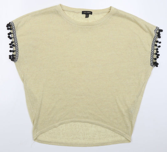 QED London Womens Beige  Polyester Basic T-Shirt Size M Boat Neck - Pom Pom