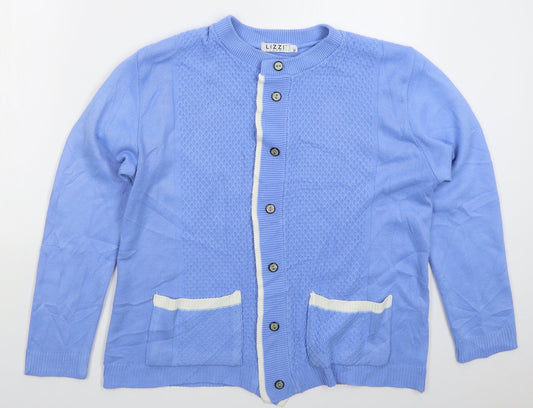 Lizzi Womens Blue Crew Neck  Acrylic Cardigan Jumper Size M