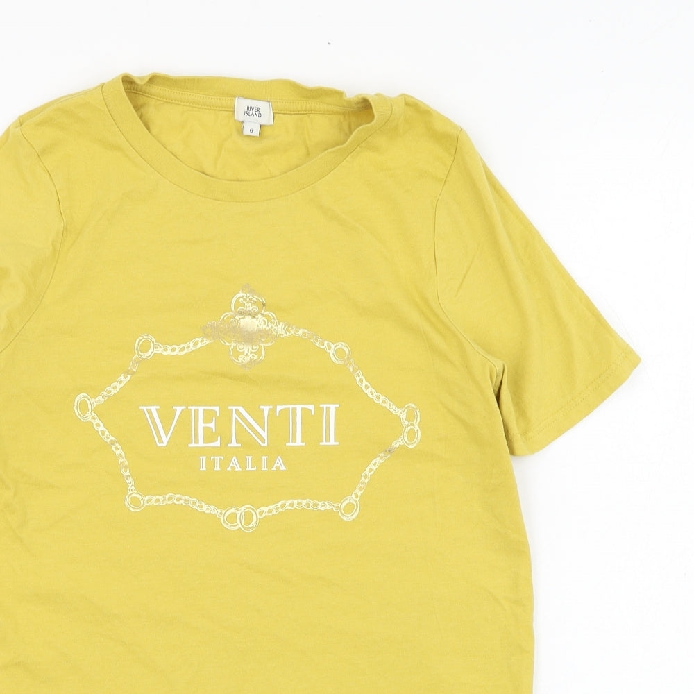 River Island Womens Yellow  Cotton Basic T-Shirt Size 6 Round Neck - Venti