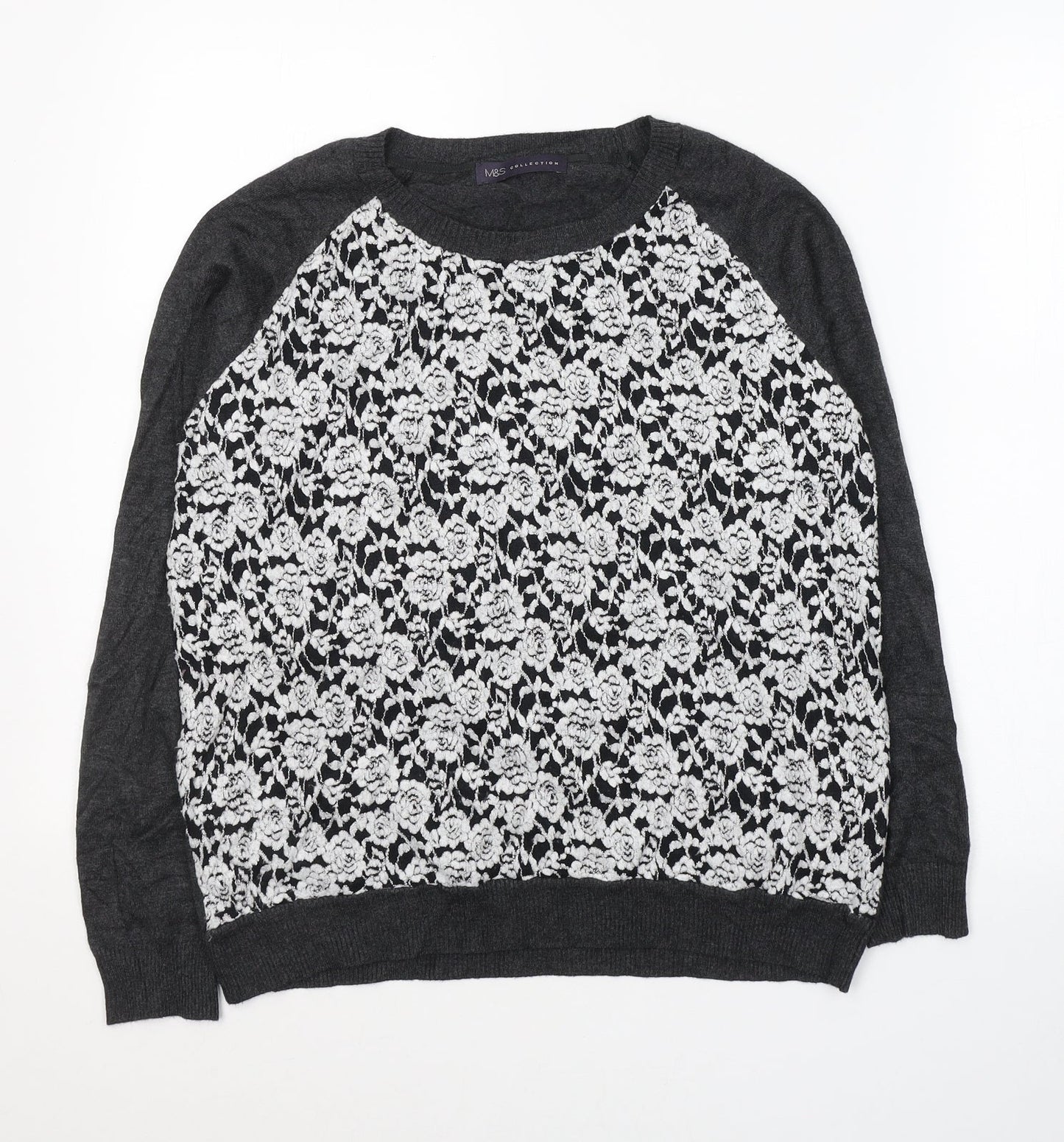 Marks and Spencer Womens Grey Round Neck Floral Viscose Pullover Jumper Size 14