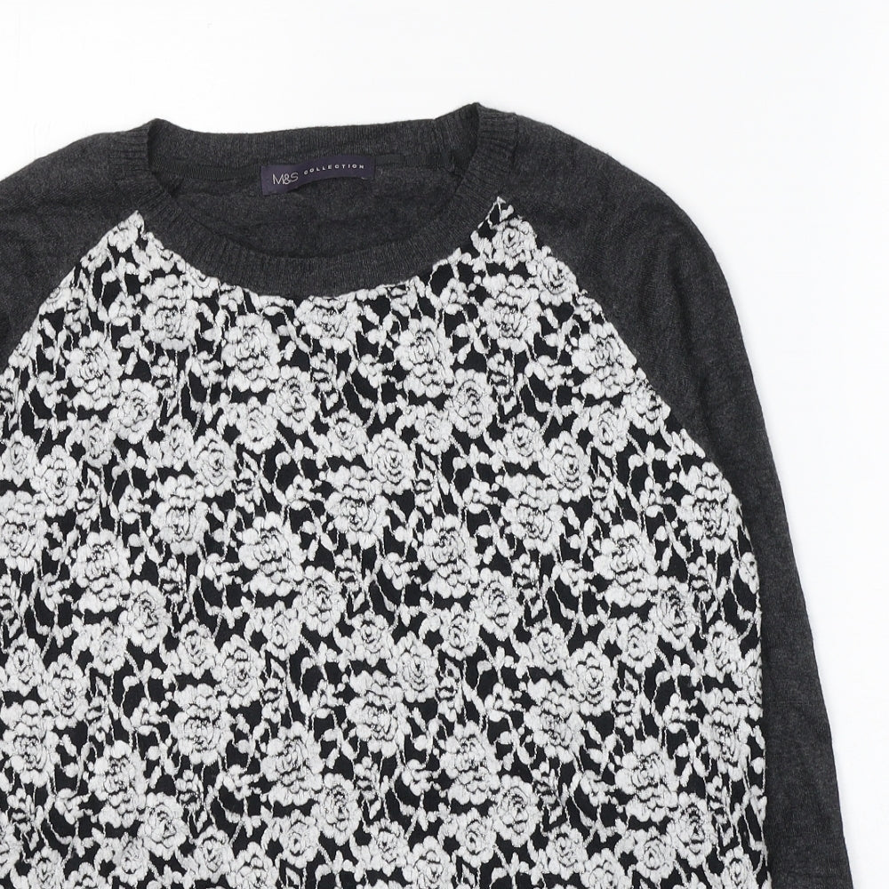 Marks and Spencer Womens Grey Round Neck Floral Viscose Pullover Jumper Size 14
