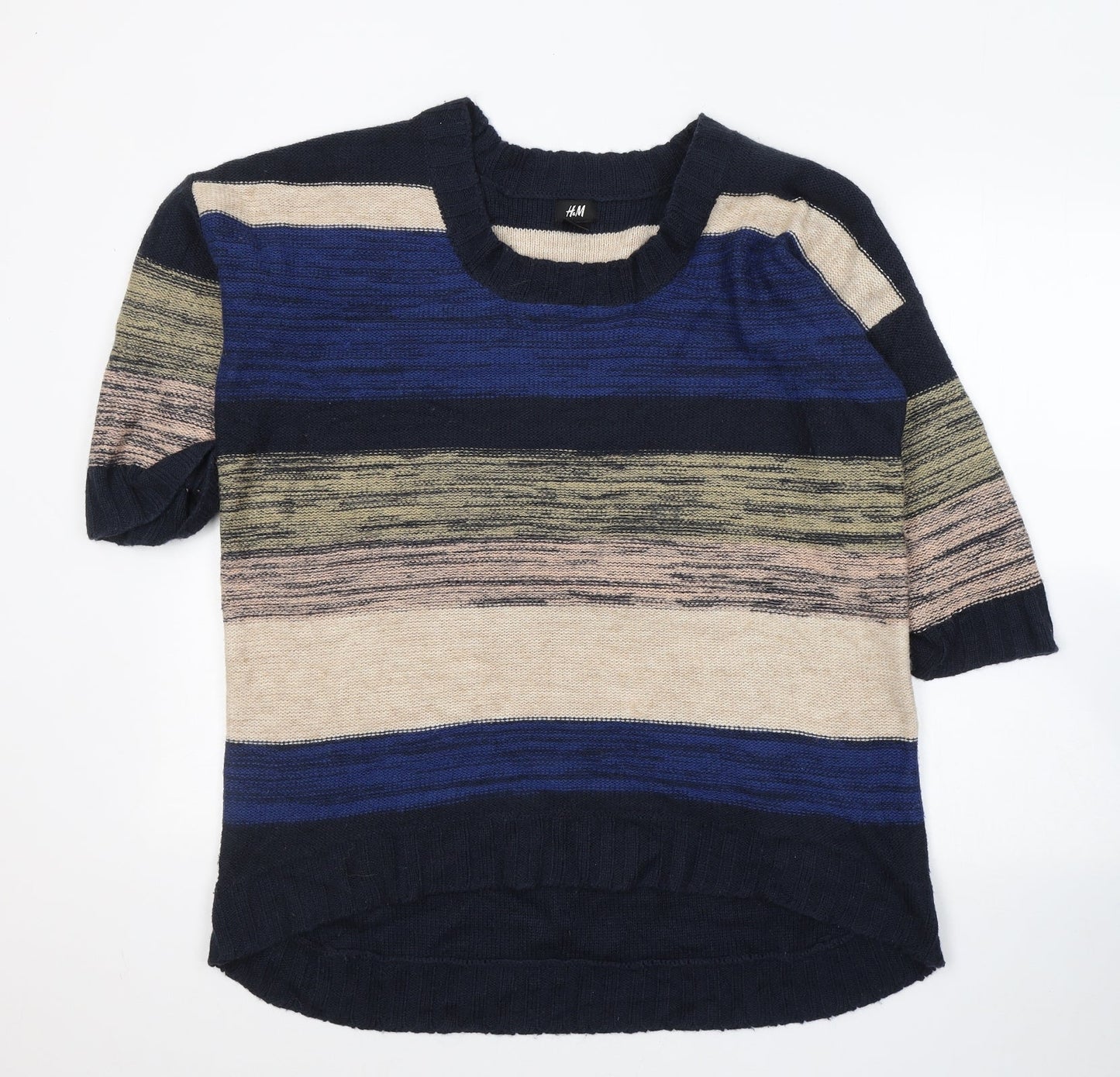 H&M Womens Blue Round Neck Striped Acrylic Pullover Jumper Size M