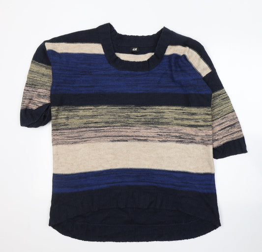 H&M Womens Blue Round Neck Striped Acrylic Pullover Jumper Size M