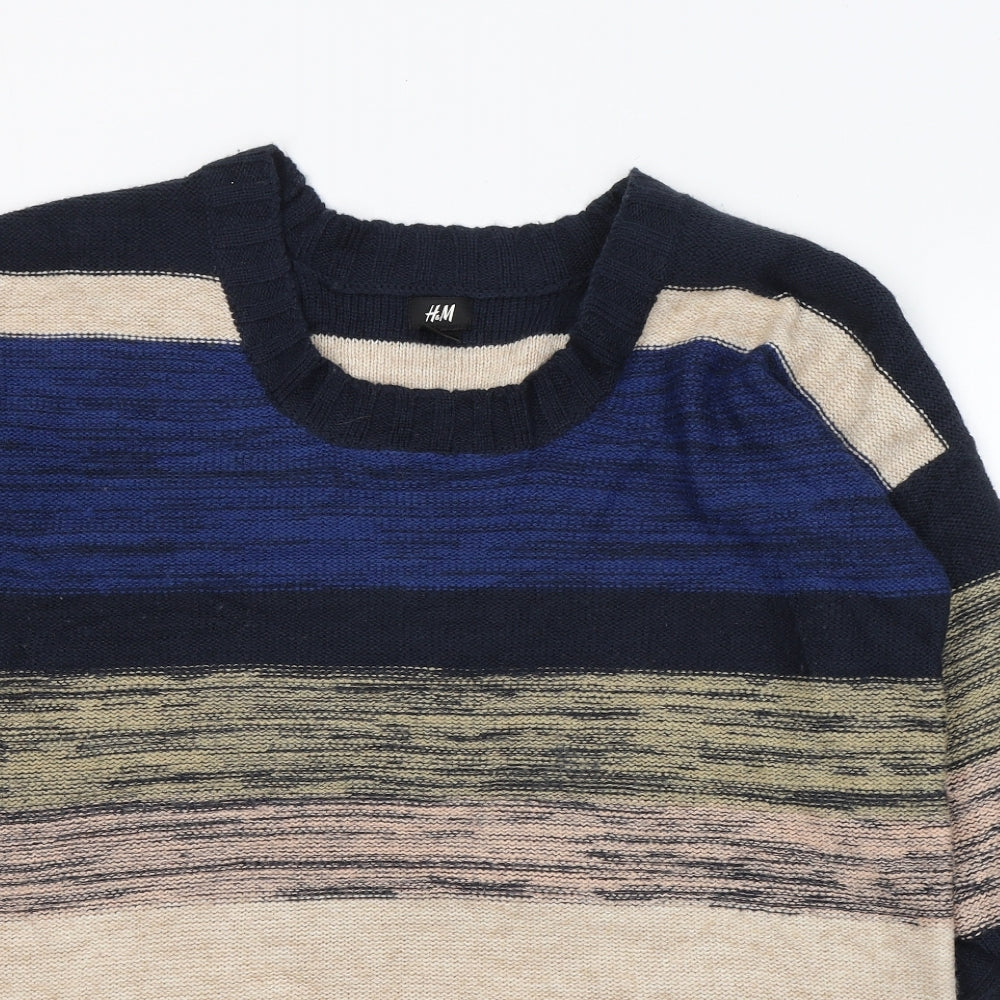 H&M Womens Blue Round Neck Striped Acrylic Pullover Jumper Size M