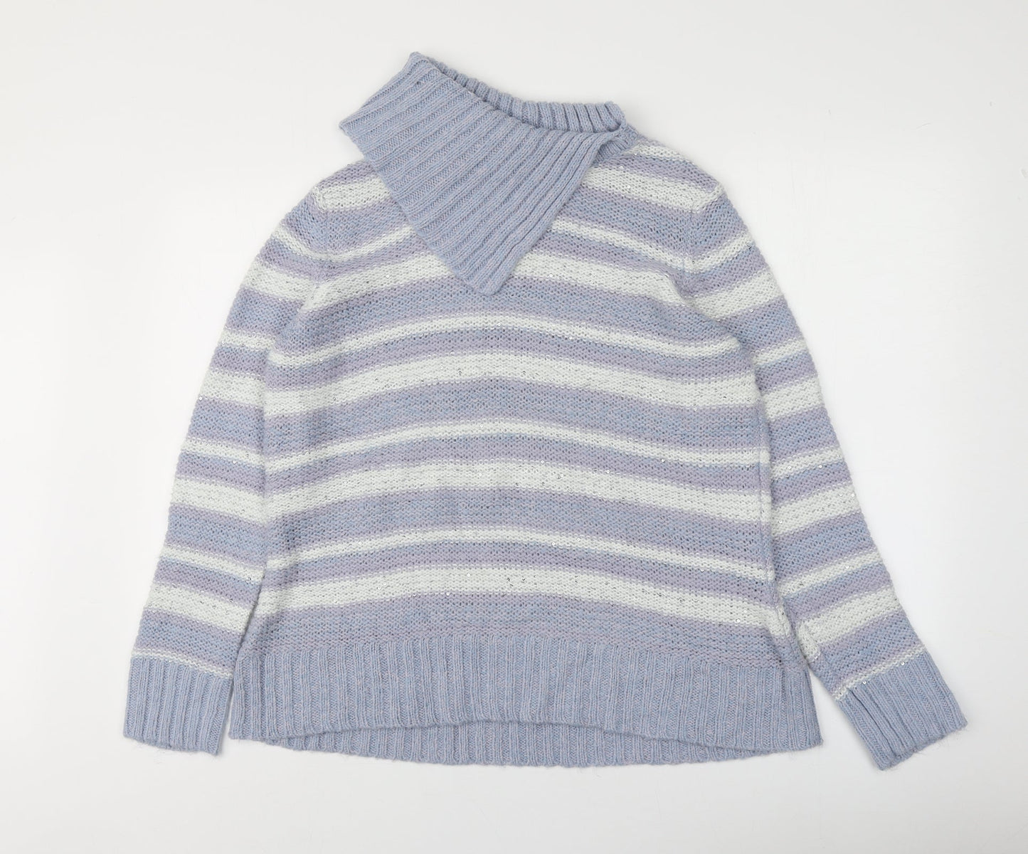 M&Co Womens Purple Roll Neck Striped Acrylic Pullover Jumper Size 16