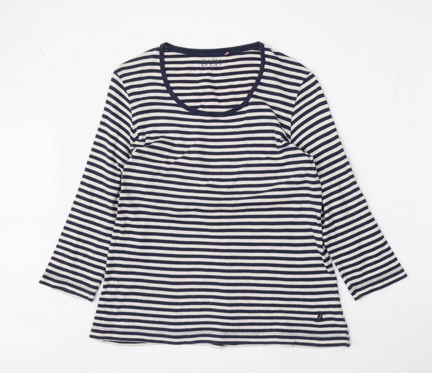 DASH Womens White Striped Polyester Basic T-Shirt Size M Round Neck