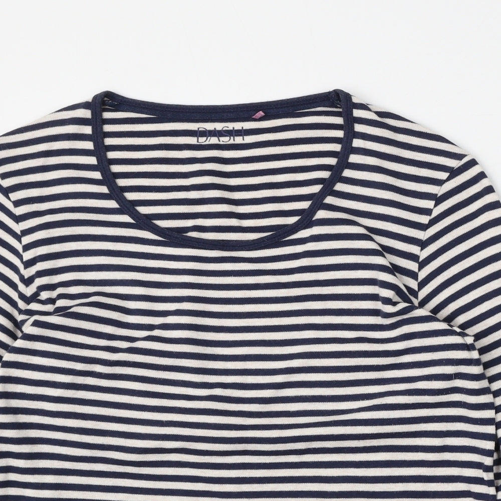 DASH Womens White Striped Polyester Basic T-Shirt Size M Round Neck