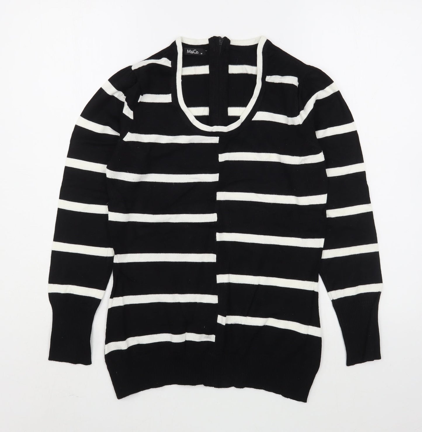 M&Co Womens Black Scoop Neck Striped Viscose Pullover Jumper Size M