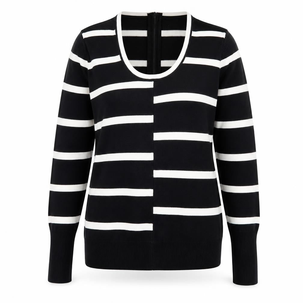 M&Co Womens Black Scoop Neck Striped Viscose Pullover Jumper Size M