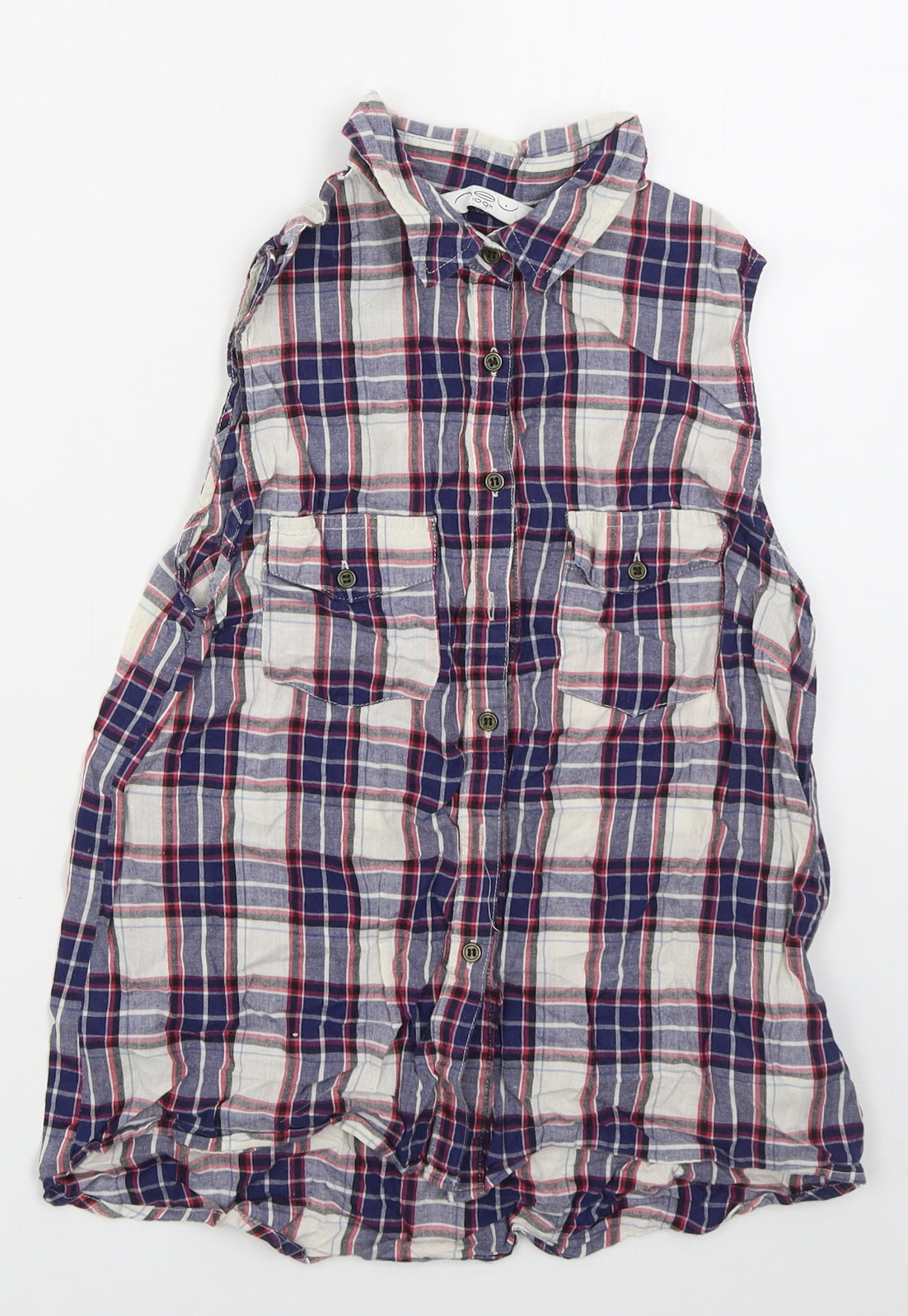 New Look Womens Blue Check Cotton Basic Button-Up Size 8 Collared