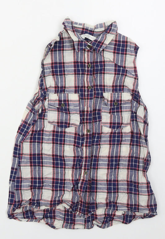 New Look Womens Blue Check Cotton Basic Button-Up Size 8 Collared