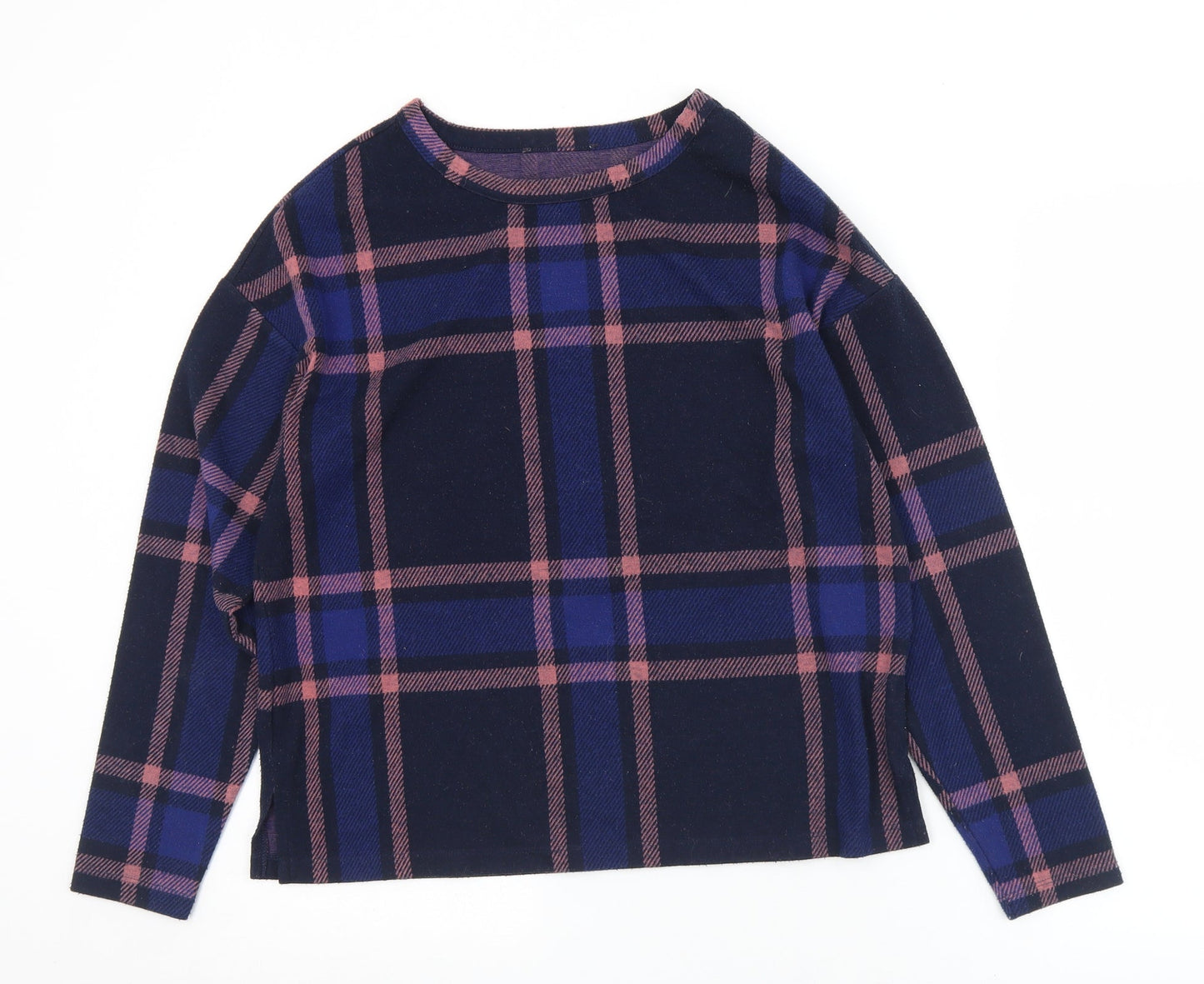 Marks and Spencer Womens Blue Crew Neck Plaid Polyester Pullover Jumper Size 10
