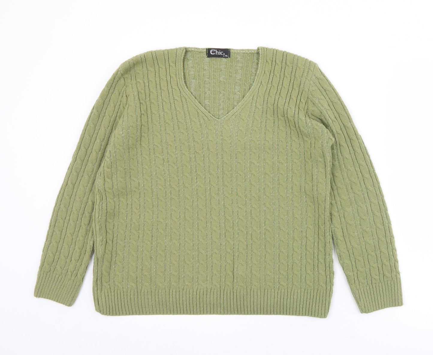 CHIC Womens Green V-Neck  Acrylic Pullover Jumper Size L   - L/XL