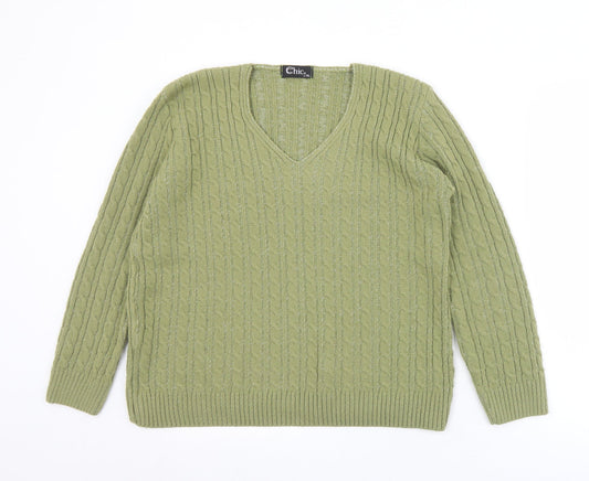 CHIC Womens Green V-Neck  Acrylic Pullover Jumper Size L   - L/XL