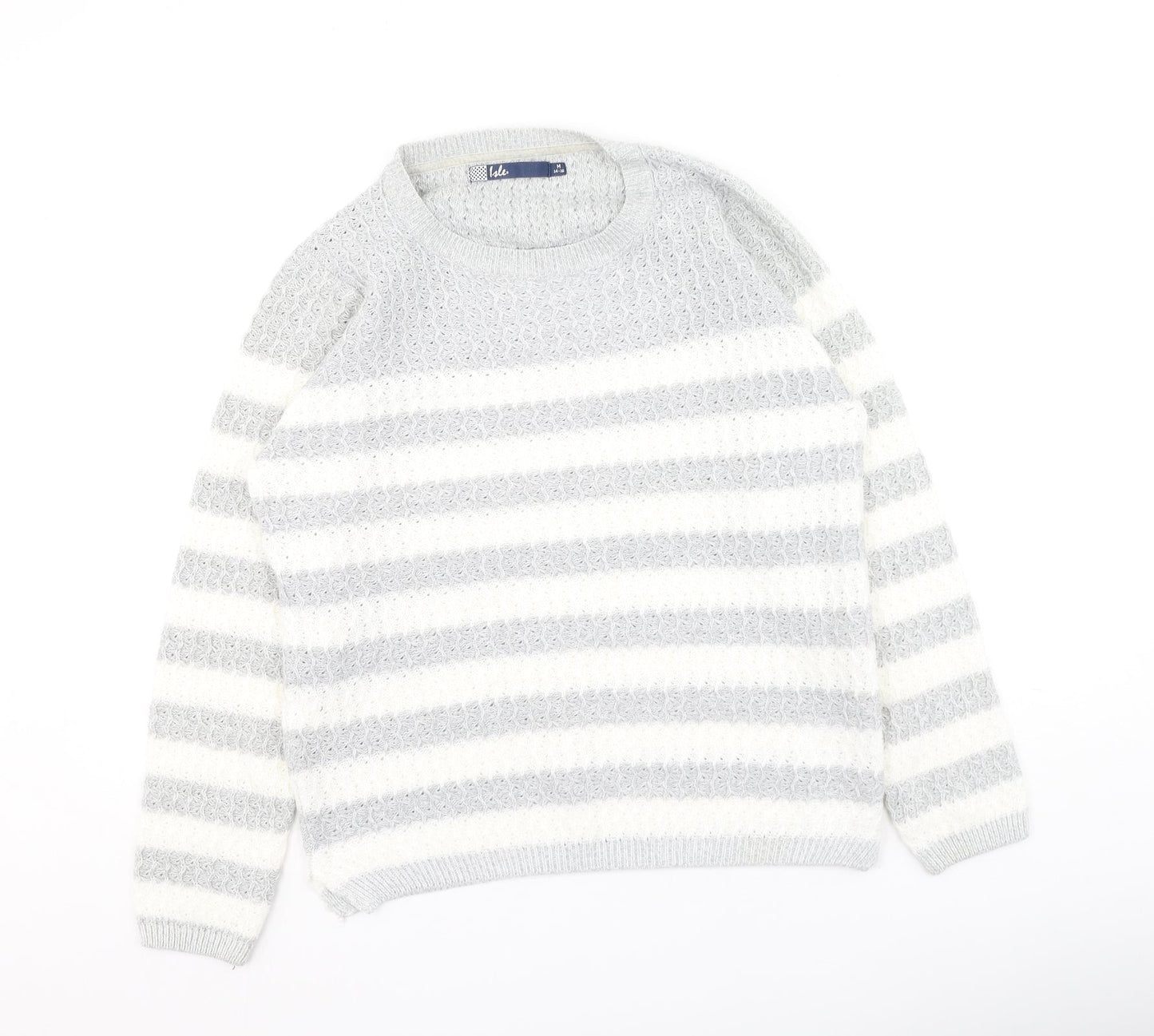 Hle Womens Grey Round Neck Striped Acrylic Pullover Jumper Size M