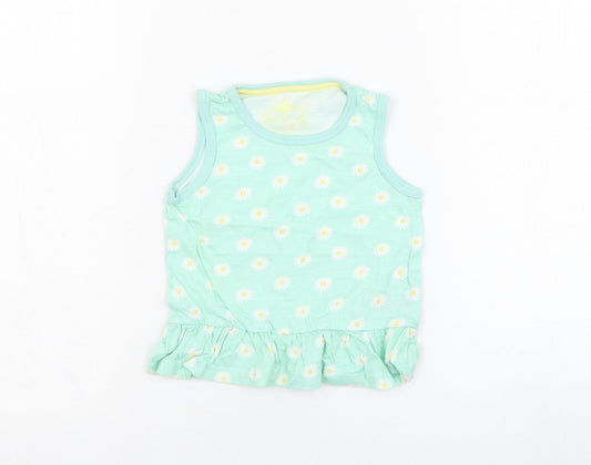 Primark Girls Green Floral Cotton Basic Tank Size 12-18 Months Round Neck Pullover - Daisy