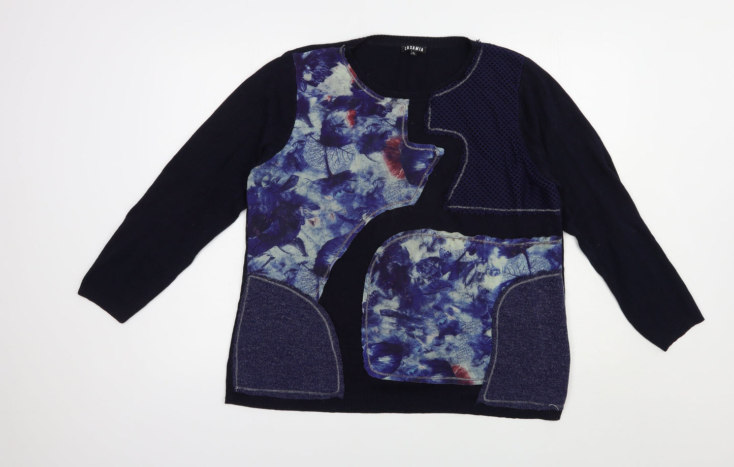 Casamia Womens Blue Crew Neck Geometric Viscose Pullover Jumper Size XL