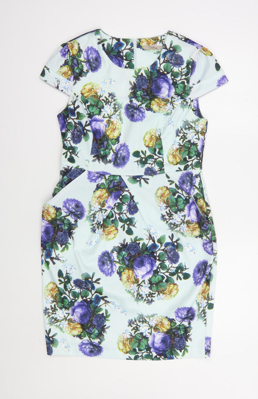 Darling Womens Blue Floral Polyester Pencil Dress  Size M  Scoop Neck Zip