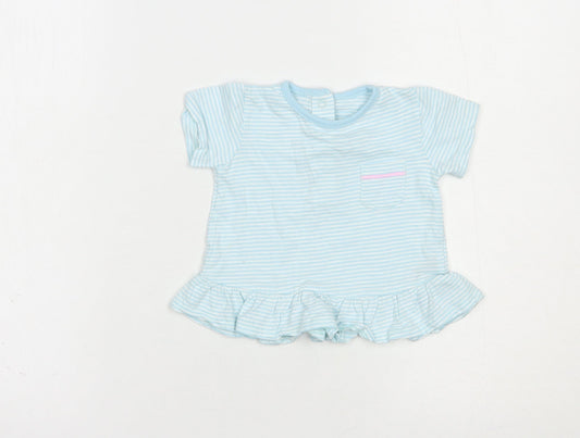 Dunnes Stores Baby Blue Striped Cotton Basic T-Shirt Size 3-6 Months Crew Neck Snap