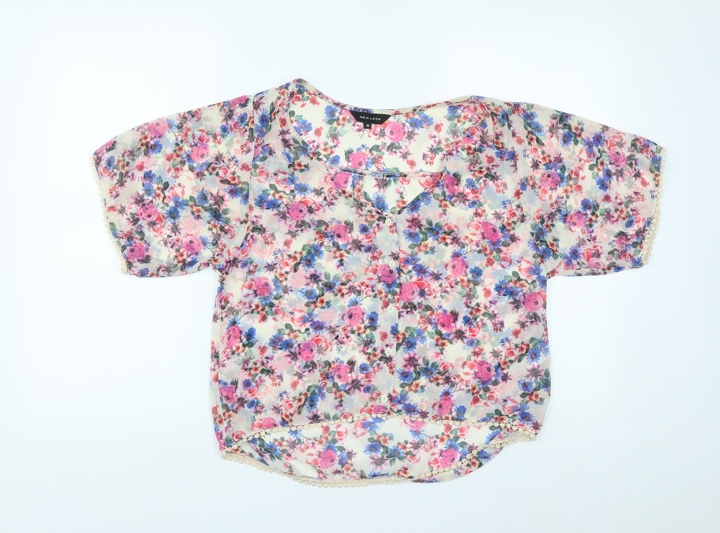 New Look Womens Multicoloured Floral Polyester Basic Button-Up Size 10 Scoop Neck