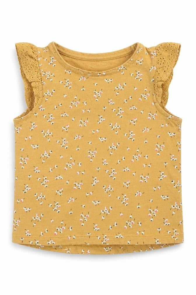 F&F Girls Yellow Floral Cotton Basic T-Shirt Size 2-3 Years Crew Neck Button
