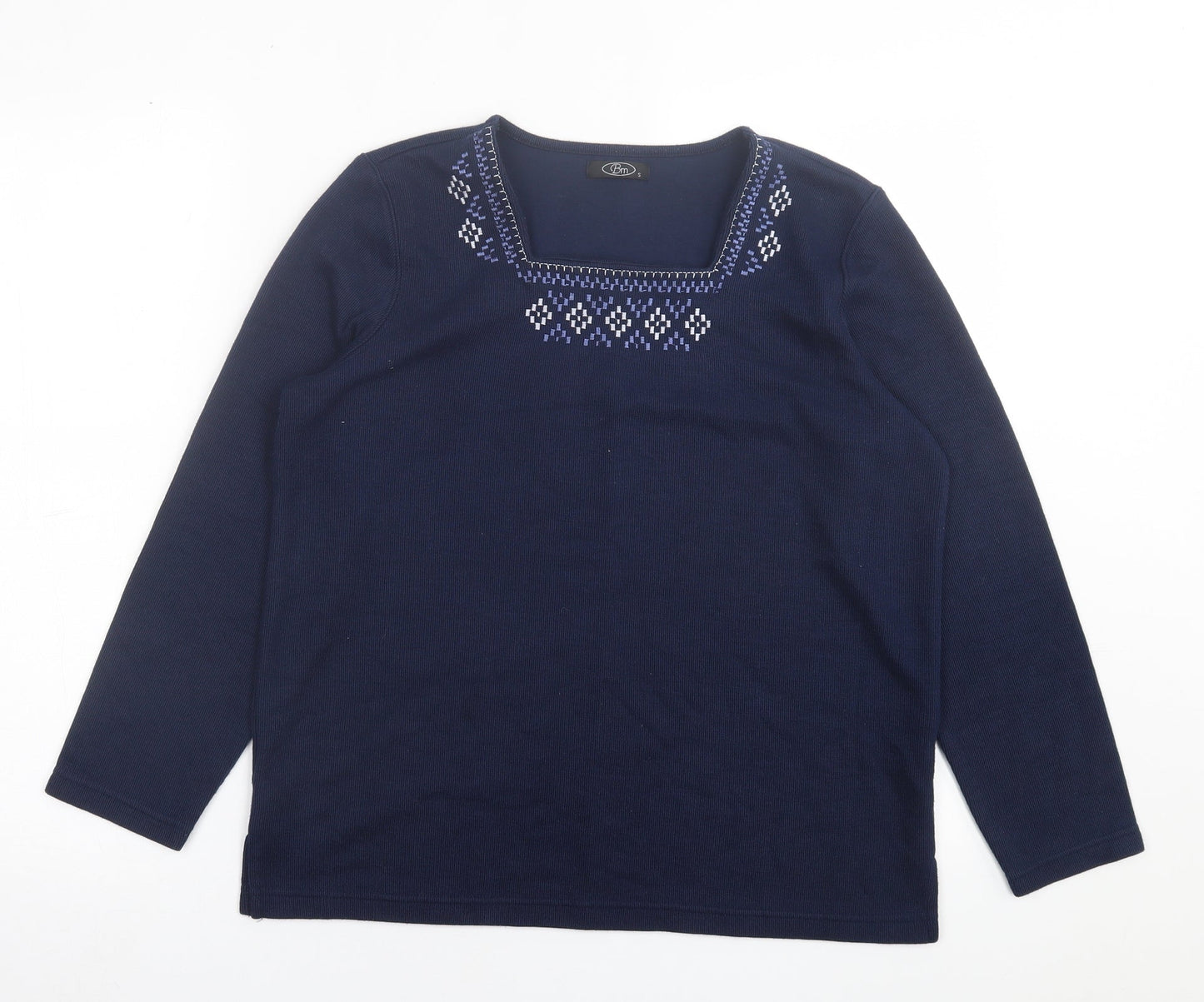BM Womens Blue Square Neck Geometric Polyester Pullover Jumper Size S