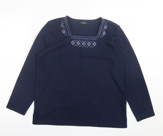 BM Womens Blue Square Neck Geometric Polyester Pullover Jumper Size S