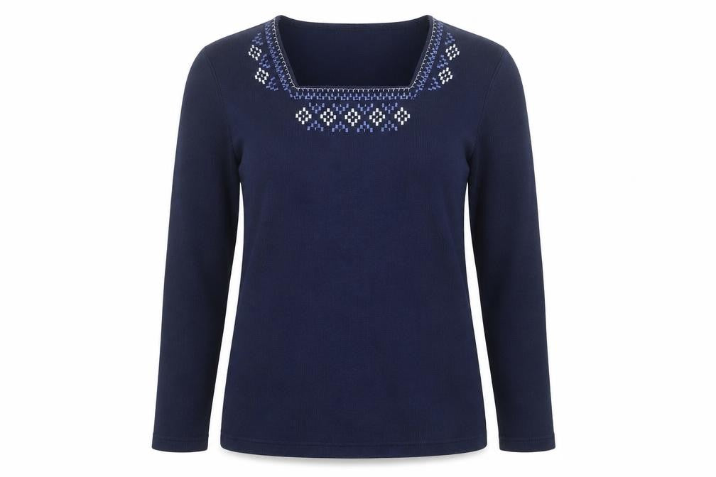 Bonmarché Womens Blue Square Neck Geometric Polyester Pullover Jumper Size S